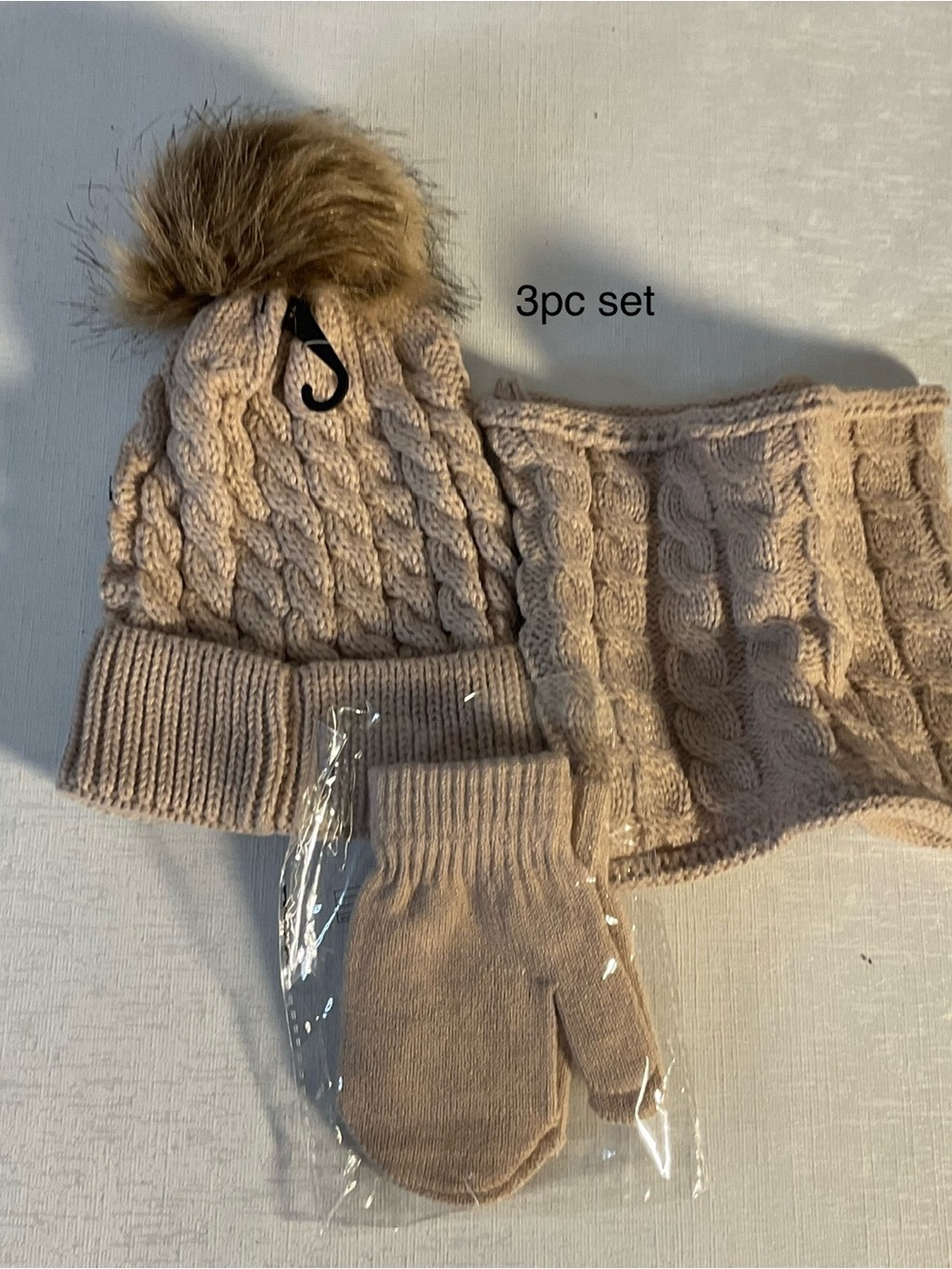 Kids 3-Piece Knit Hat, Scarf & Mittens Set - Beige